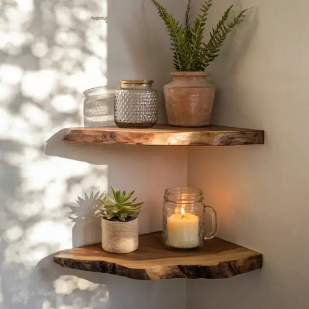 Teak Root Corner Shelf Rustic Floating Wood Display for Small Spaces